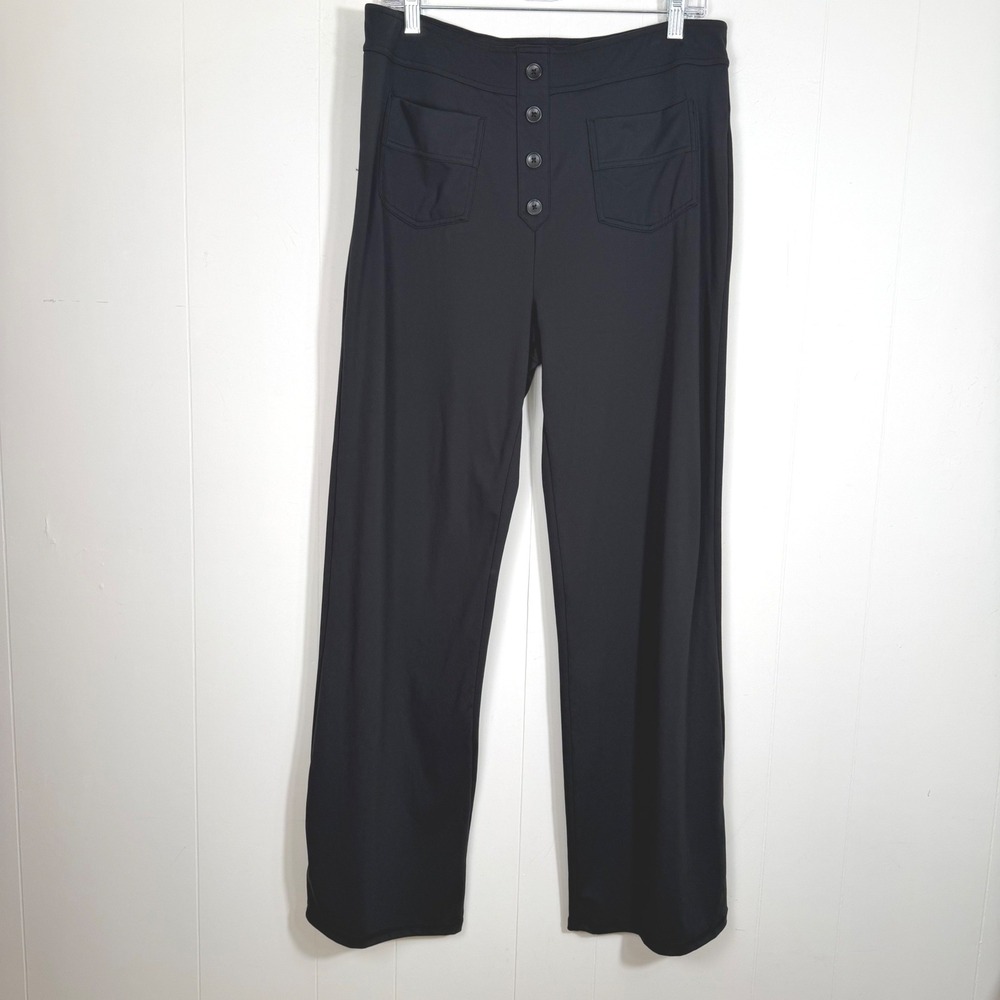 Black High Waist Wide Leg Stretch Pants 4 Button Detail Patch Pockets Womens XL
